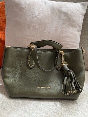 Michael Kors Olive Green Pebbled Leather Grommet Tassel Satchel